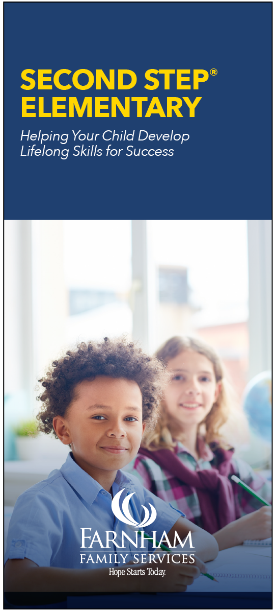 Front of Second Step Brochure with 2 kids smiling in a classroom on it