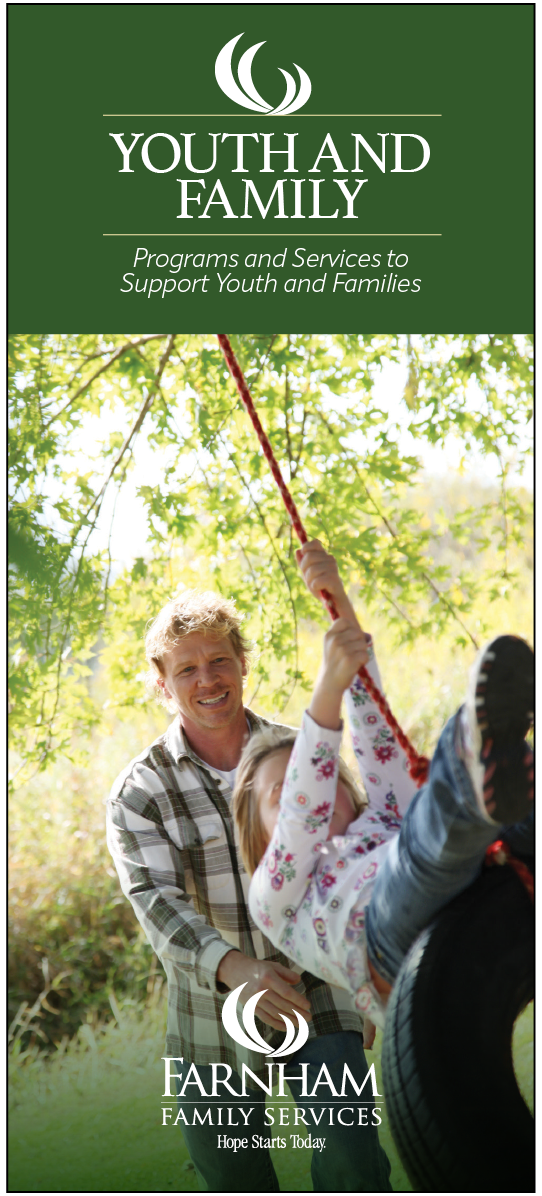 Front of Youth and Family Tree Brochure with a father playing with his daughter on a swing 