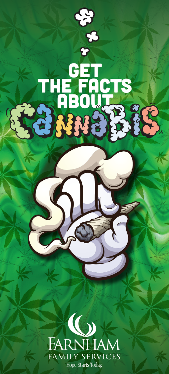 Front of Curious about Cannabis Brochure with a cartoon hand holding a cigarette on it